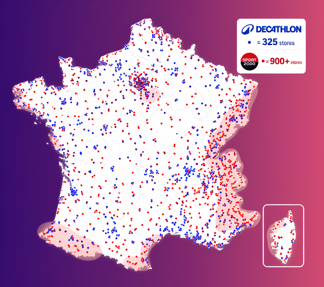 Map of France showing Decathlon and Sport 2000 store locations