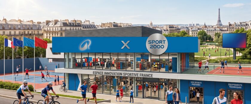 Illustrated Decathlon x Sport 2000 store in a Paris street scene